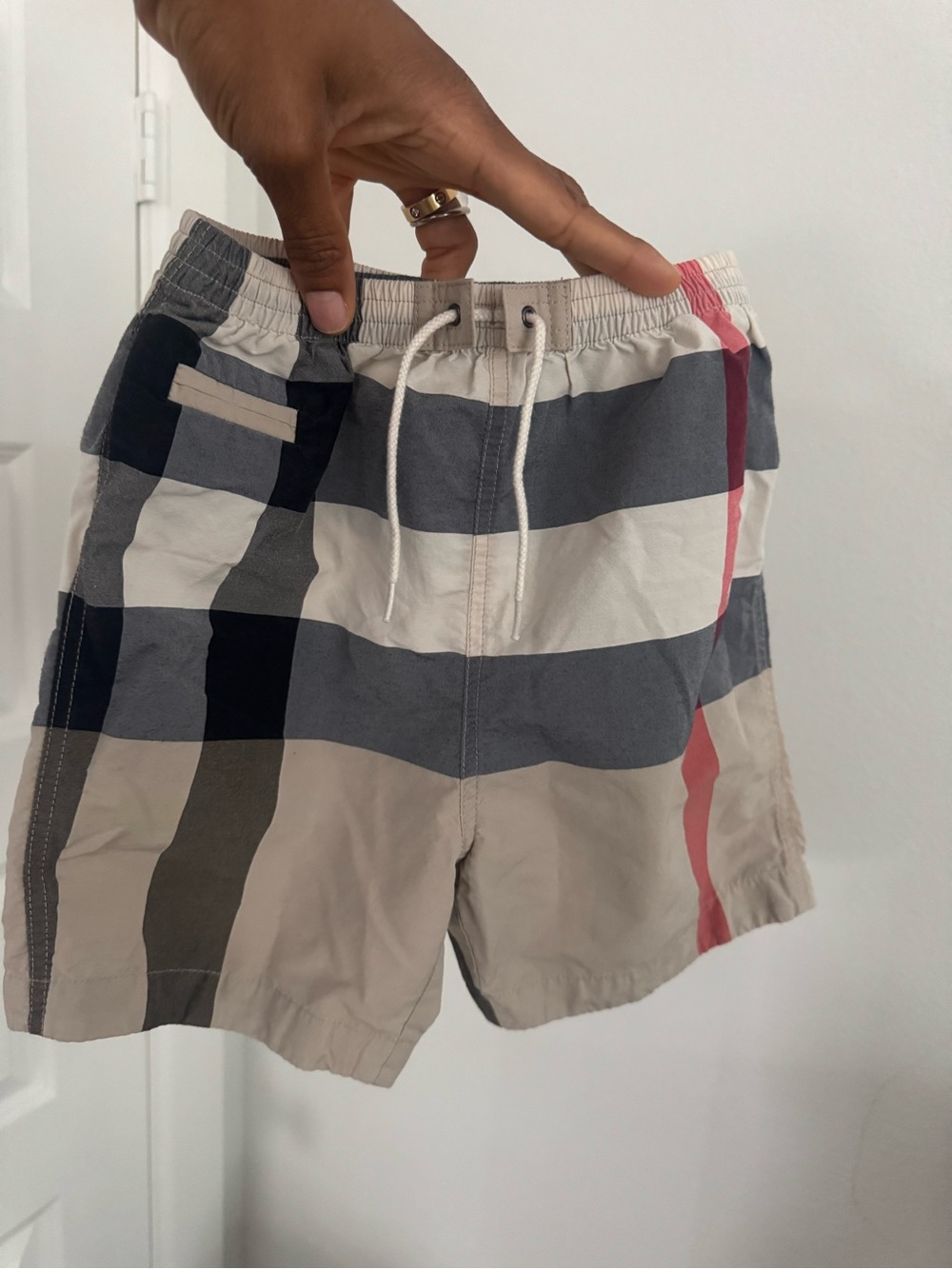 Burberry Beige Plaid Kids Swim Shorts with Red Stripe